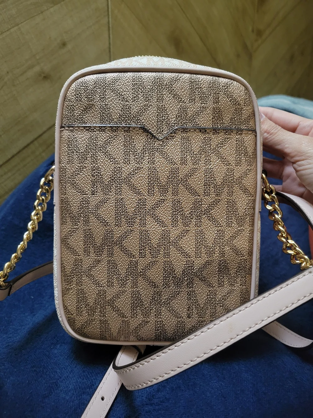 Michael Kors Metallic Logo Crossbody in Rose Gold and Light Pink